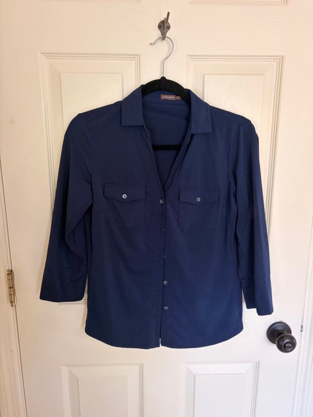 J McLaughlin Navy Button Front Stretch Blouse Top Small